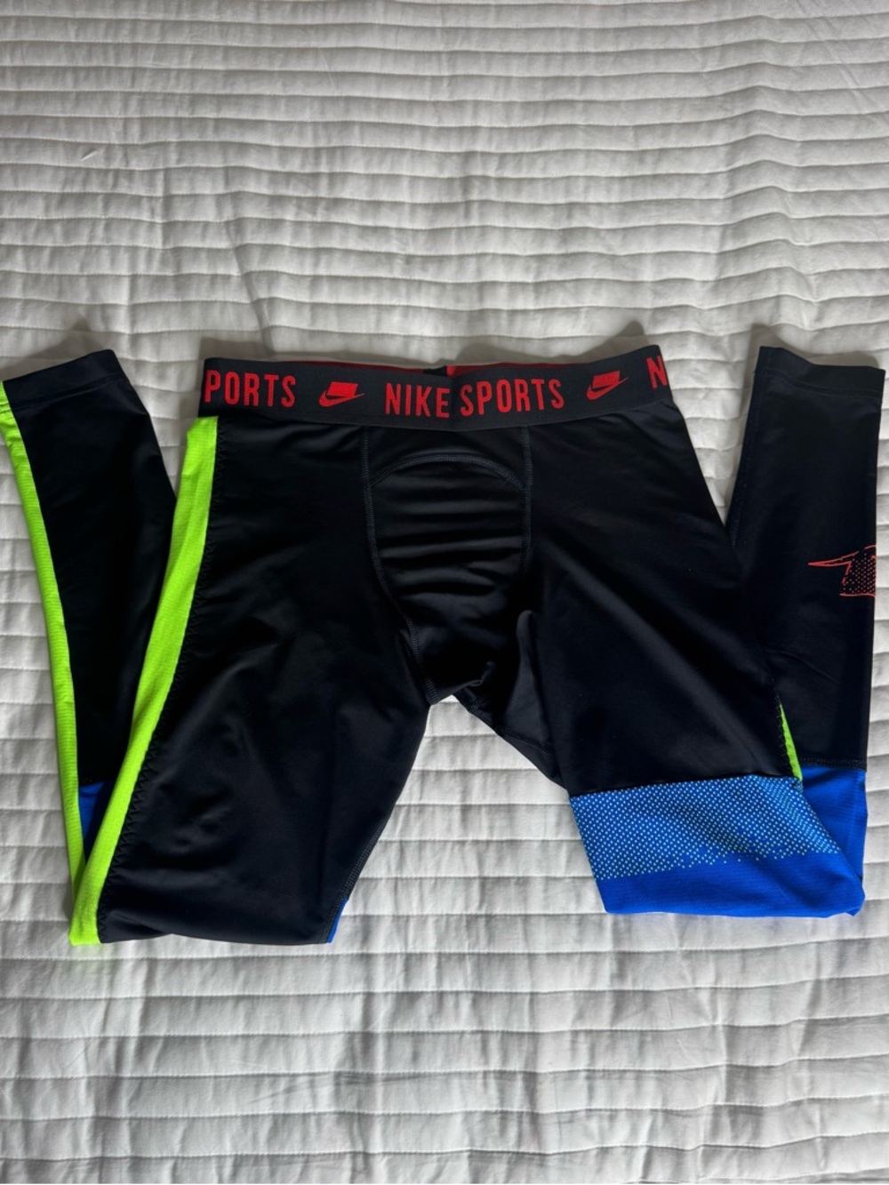 Nike Black Compression Tights with Neon Green & Royal Blue Accents